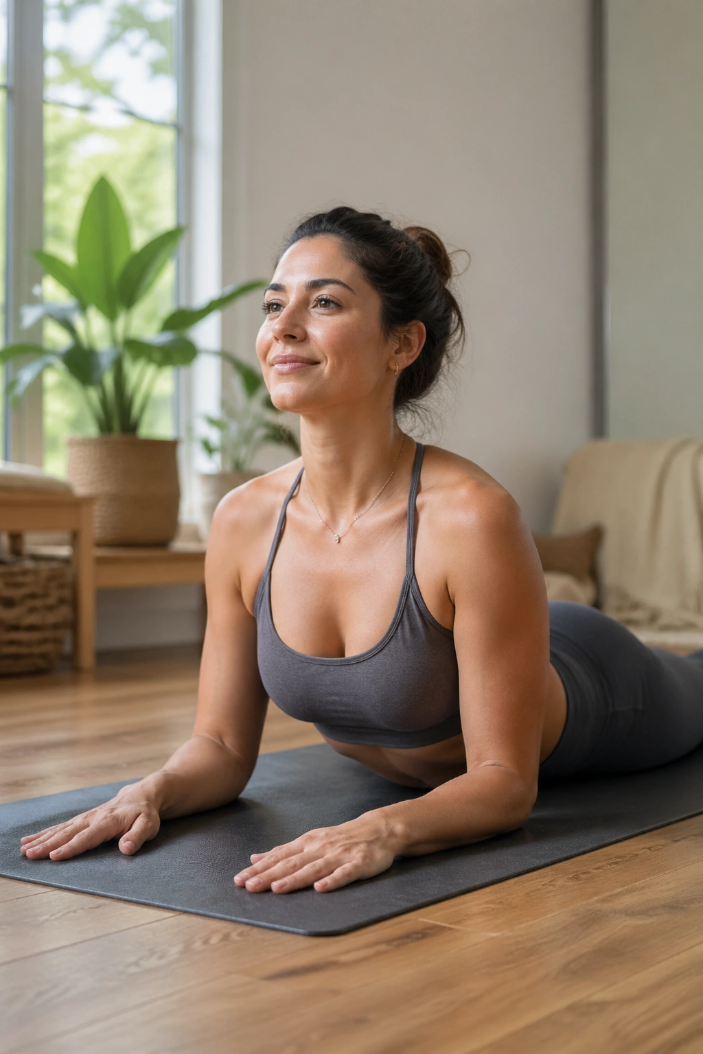 Close-up of a real person in Sphinx Pose on a yoga mat with soft window light