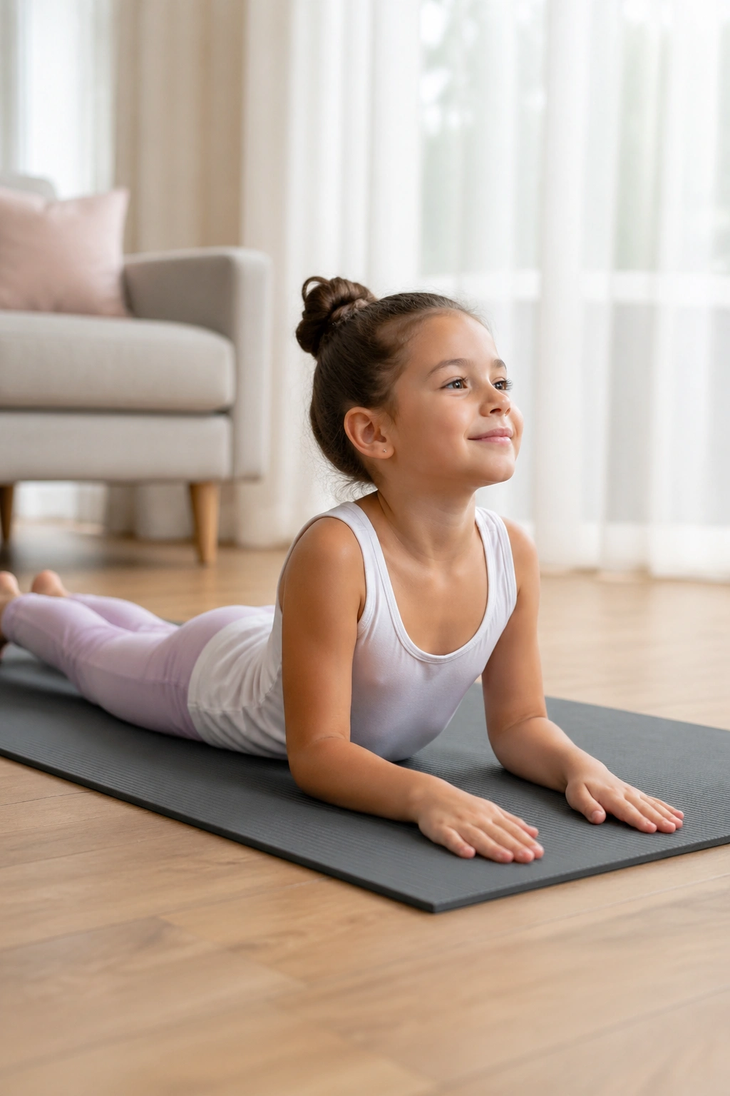 Real child in Sphinx Pose with forearms on the floor and chest lifted slightly