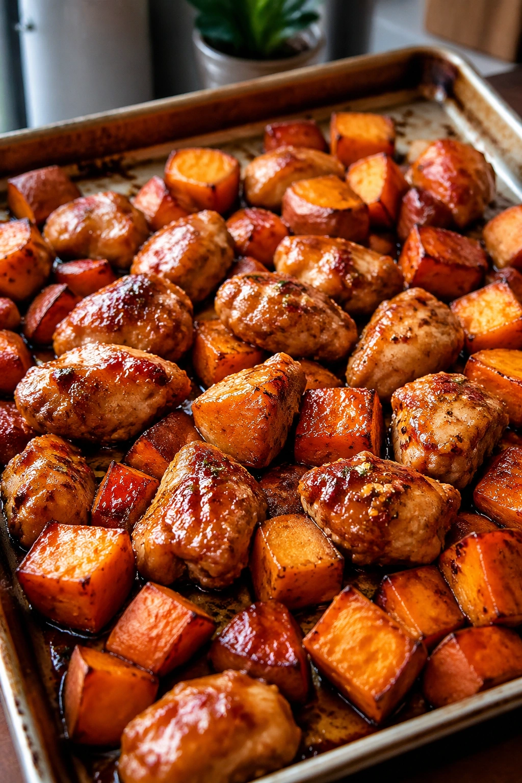 Sheet-pan dish of spicy honey chicken with roasted sweet potatoes