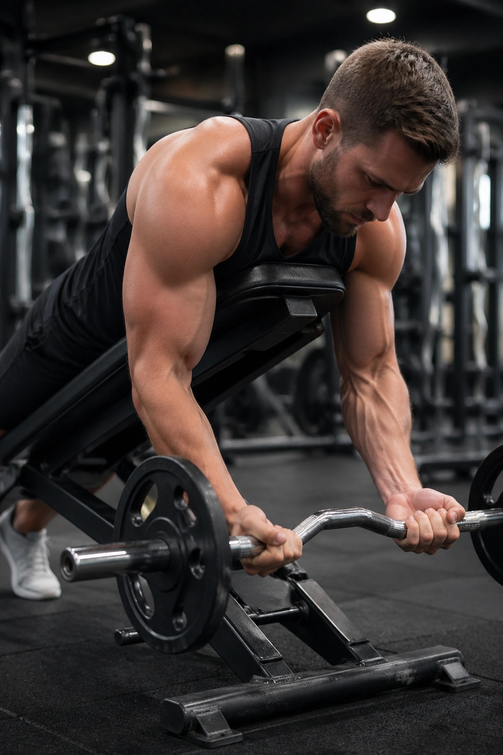 Lifter performing spider curls chest-supported on incline bench