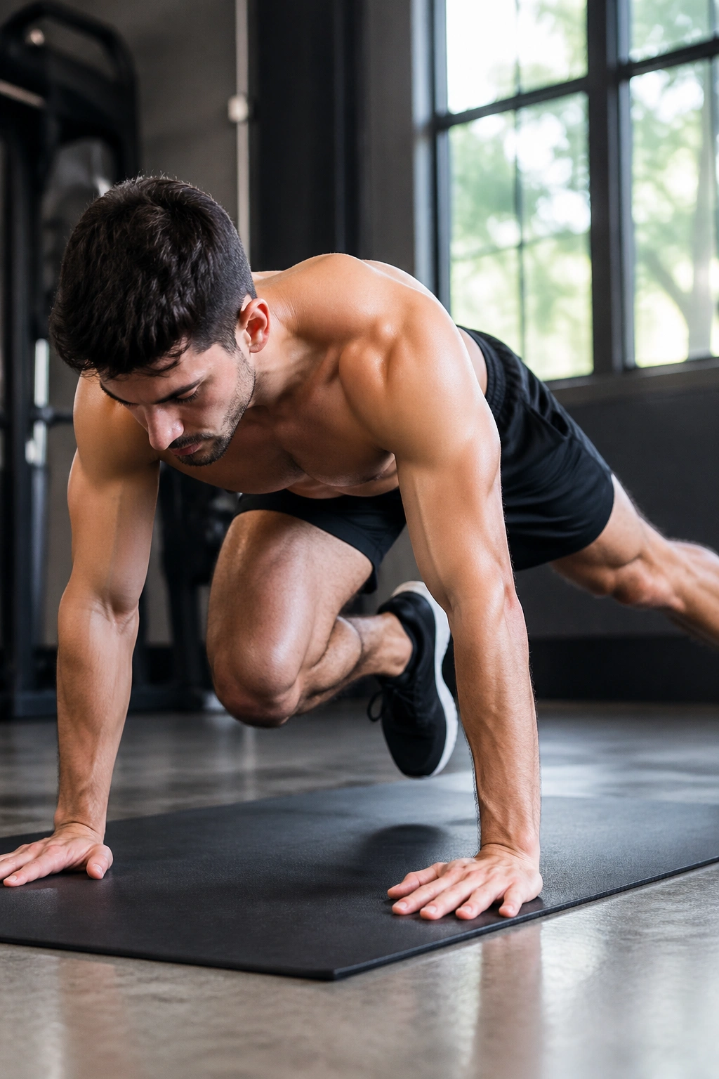 Close-up of Spider-Man plank with knee toward elbow and obliques engaged