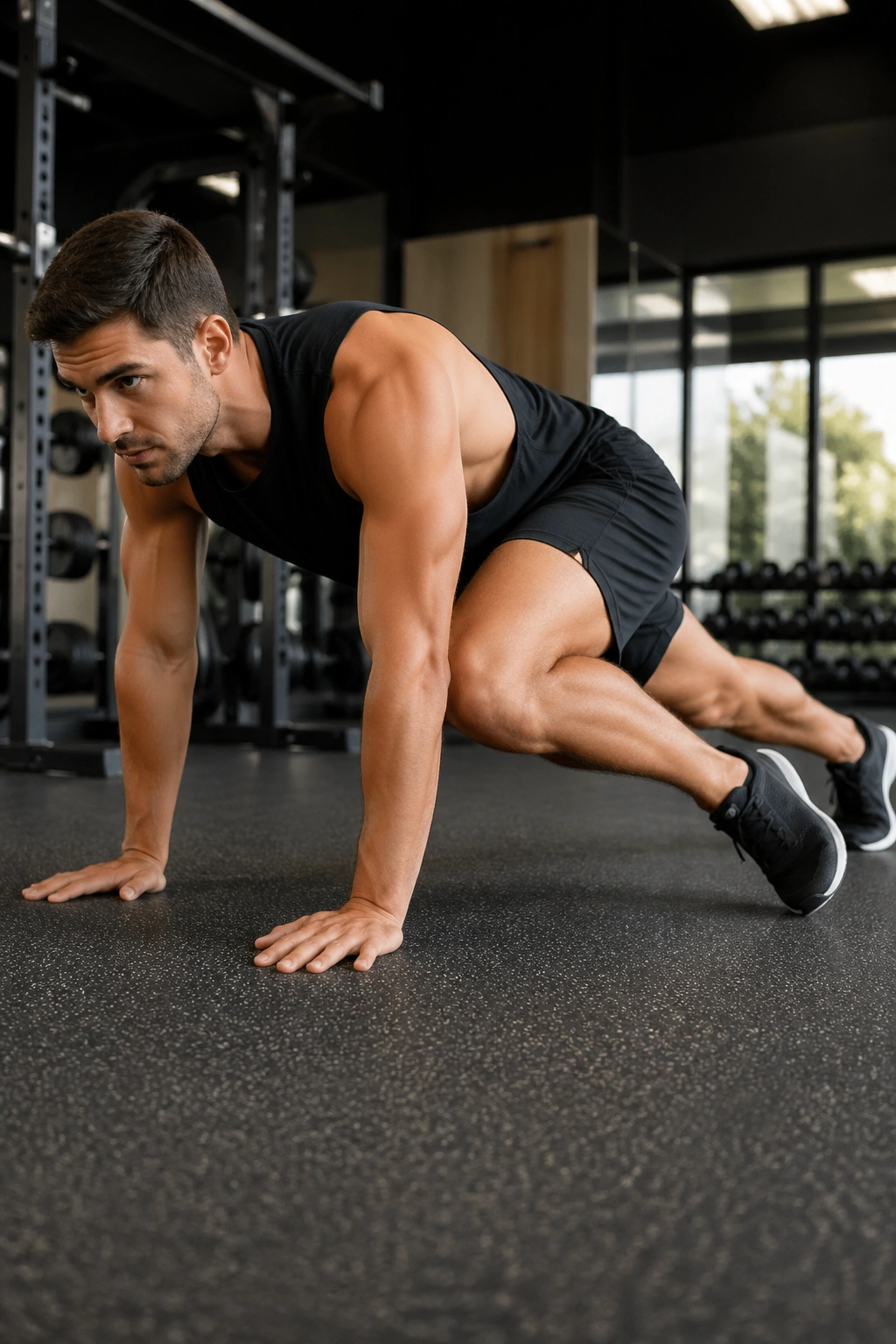 Side-profile of Spiderman mountain climber with knee to elbow
