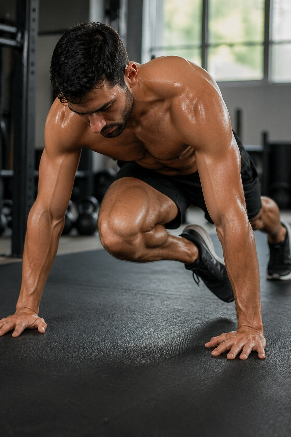 Close-up of athlete performing Spiderman plank with knee toward elbow, core engaged