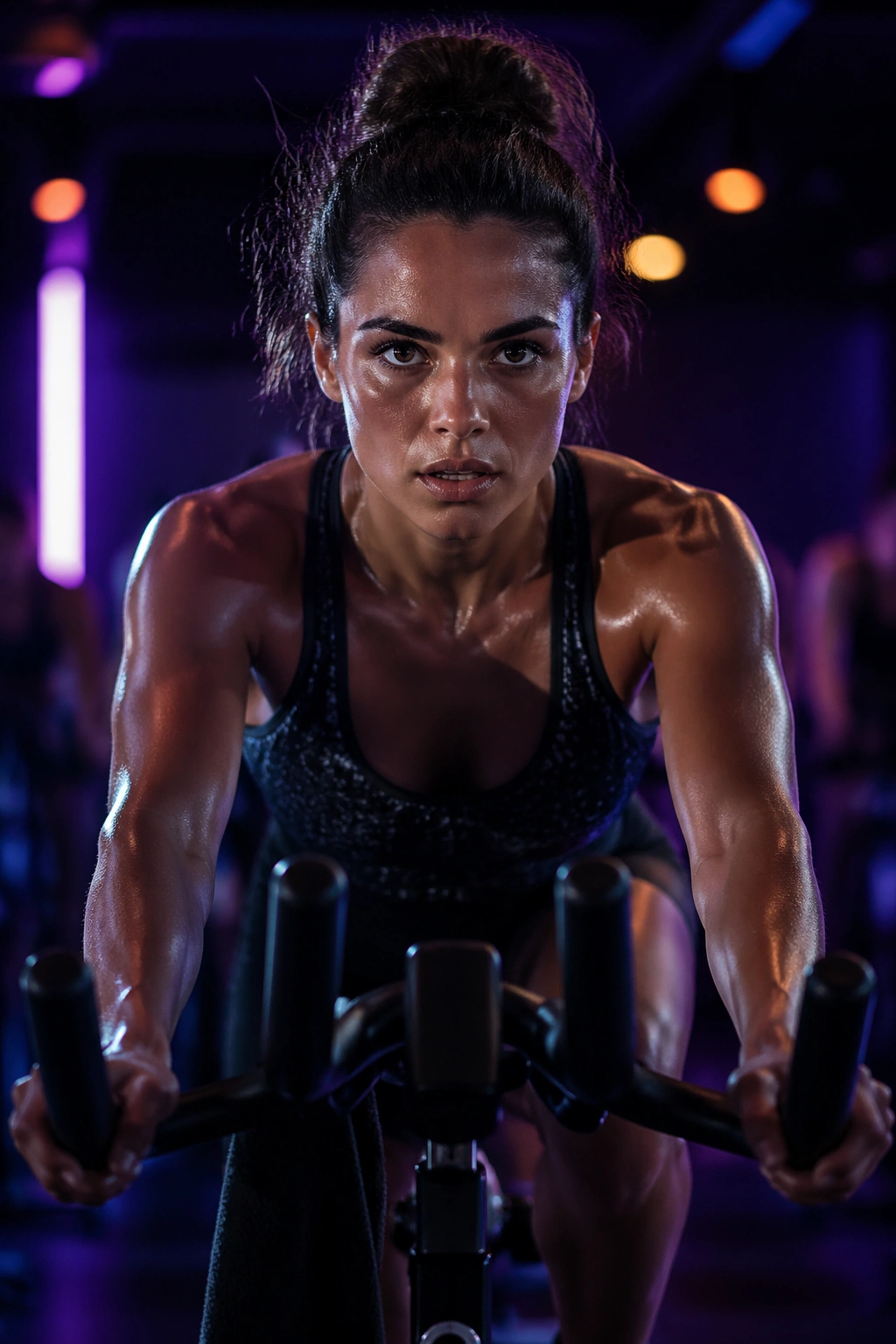 Rider in spin studio performing rounds with intense focus