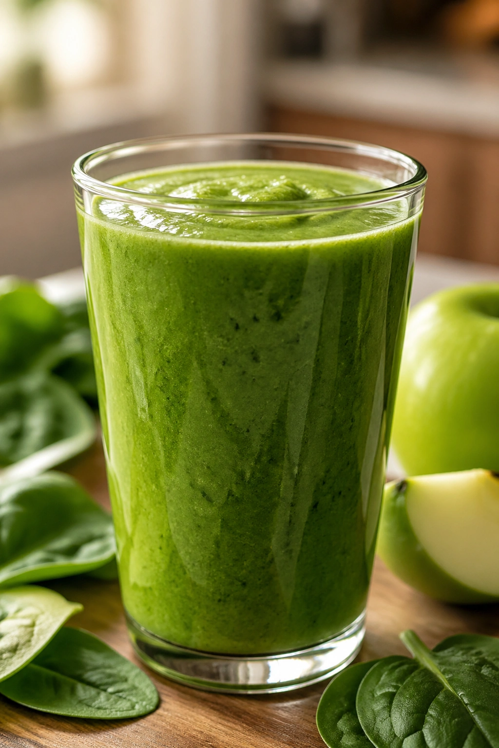 Green spinach and apple smoothie in a glass on a kitchen counter.