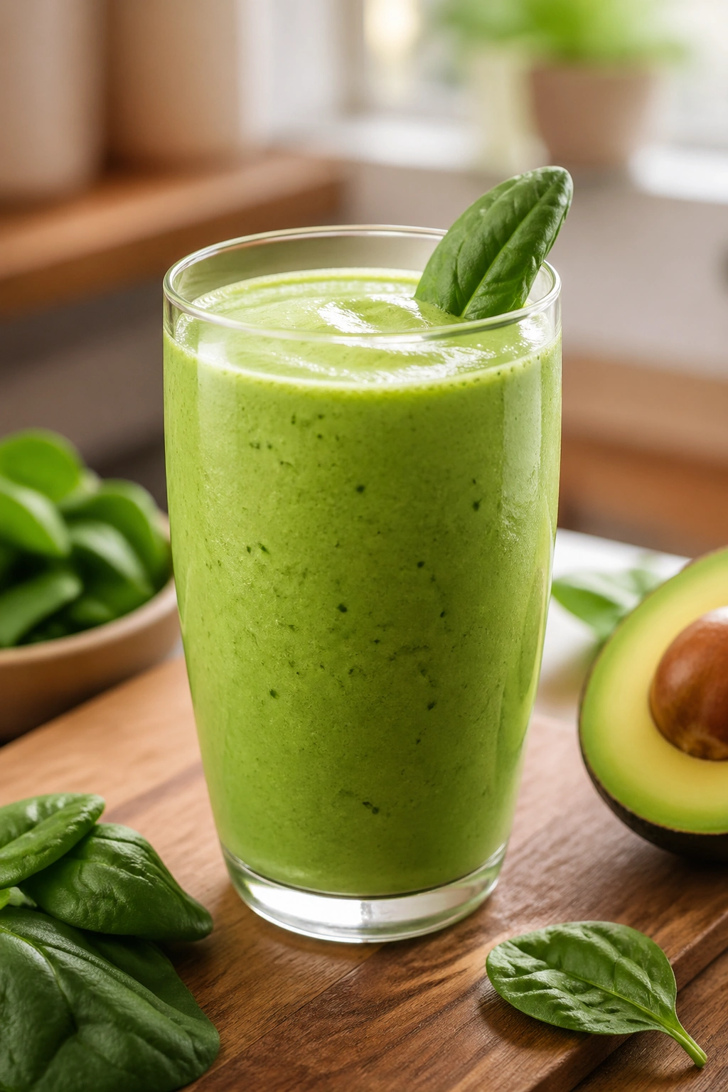 Bright green spinach avocado kefir smoothie in glass on wooden counter