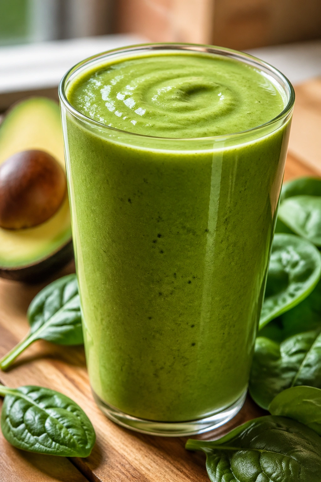Close-up of a creamy green spinach-avocado-matcha smoothie in a glass on a wooden counter with avocado and spinach