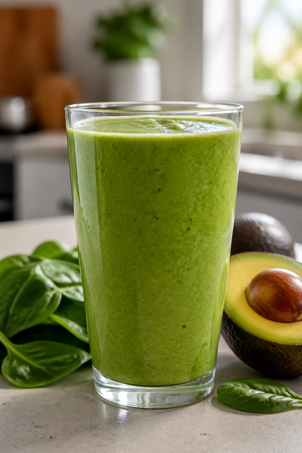 Glass of Spinach Avocado Protein Smoothie on neutral kitchen island