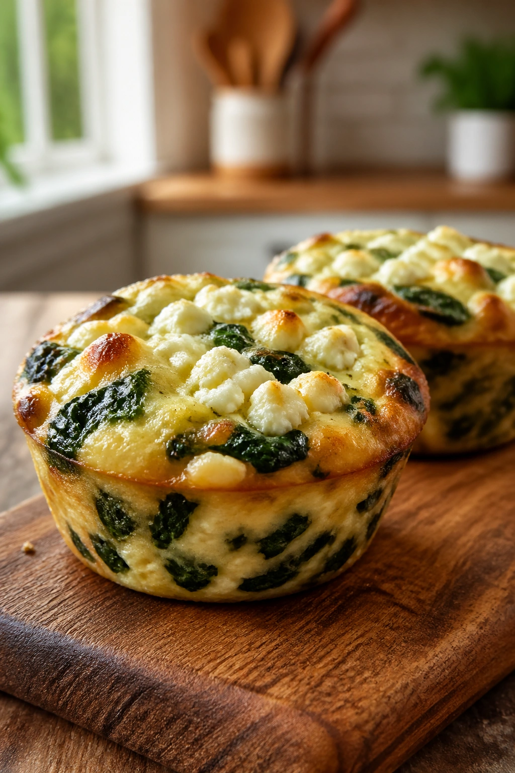 Close-up of spinach feta egg white muffins on a wooden cutting board in a bright kitchen