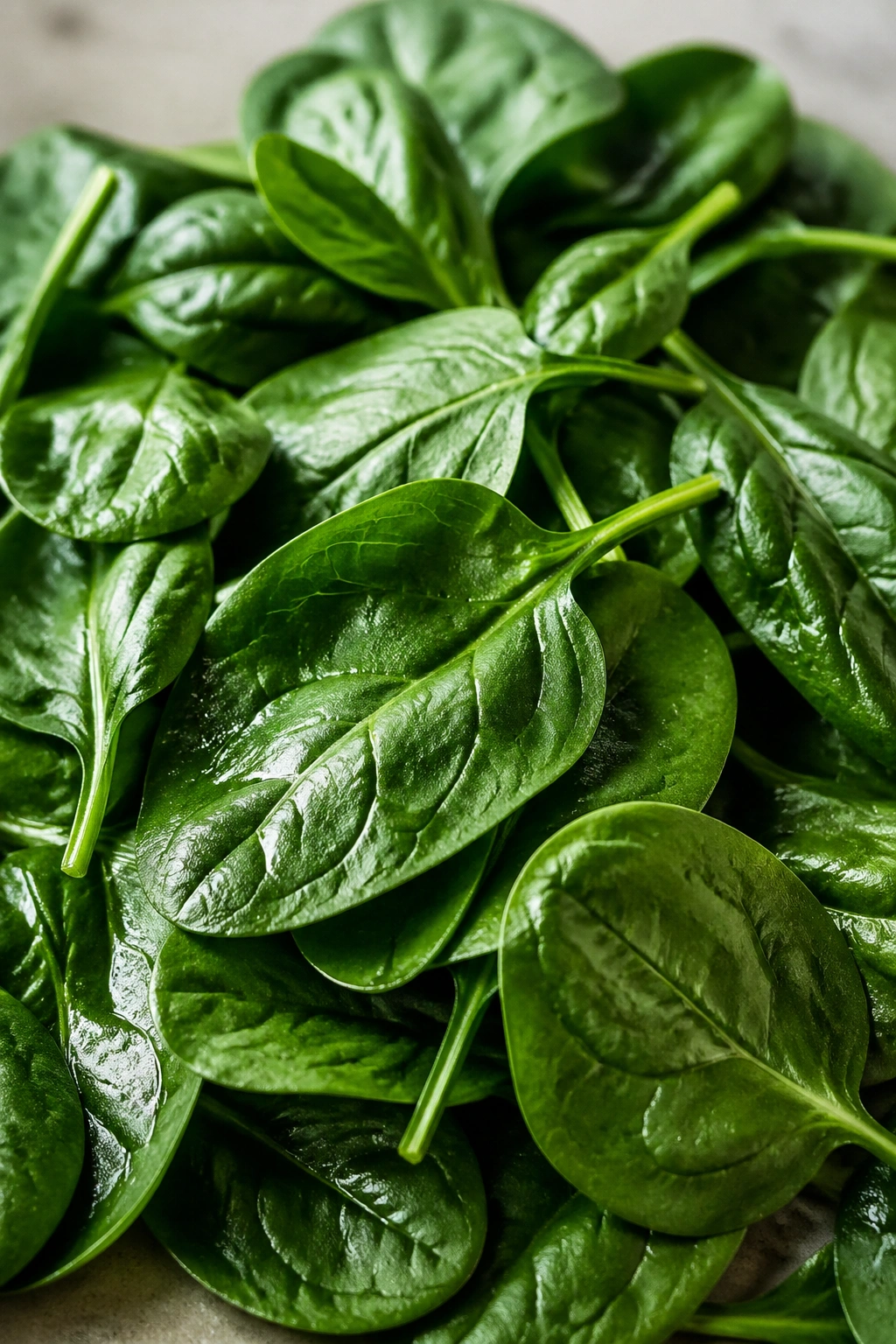 Close-up of fresh spinach leaves filling the frame