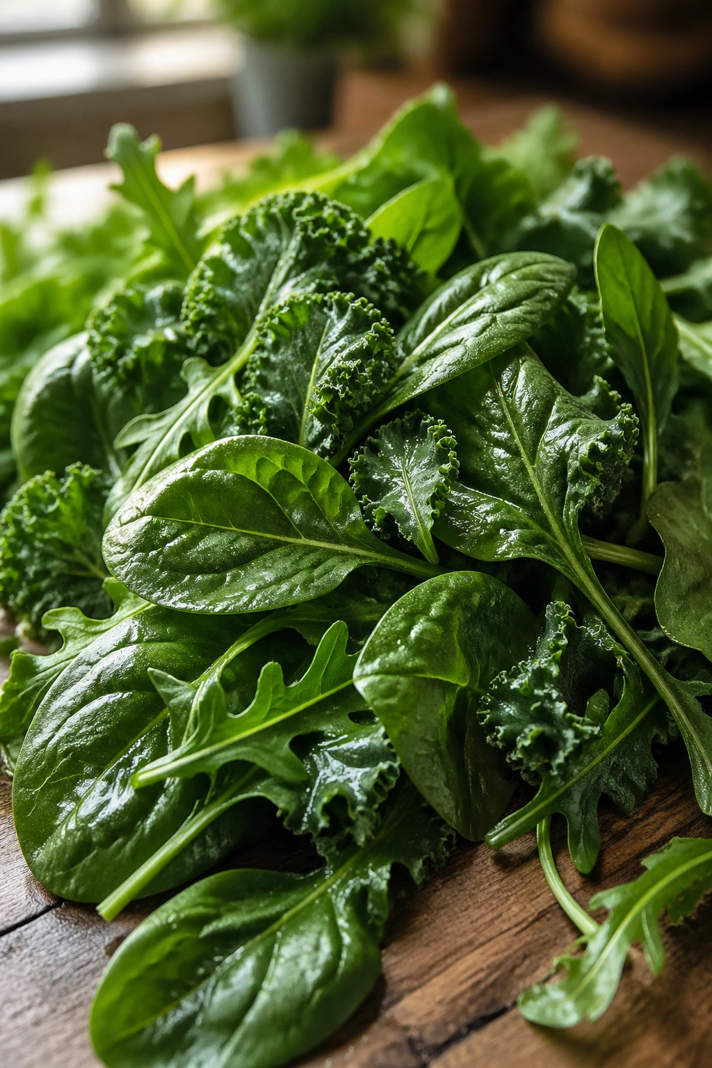 Close-up of spinach and other leafy greens filling the frame