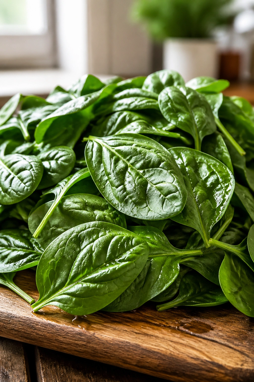 Close-up of fresh spinach leaves filling the frame on a wooden board
