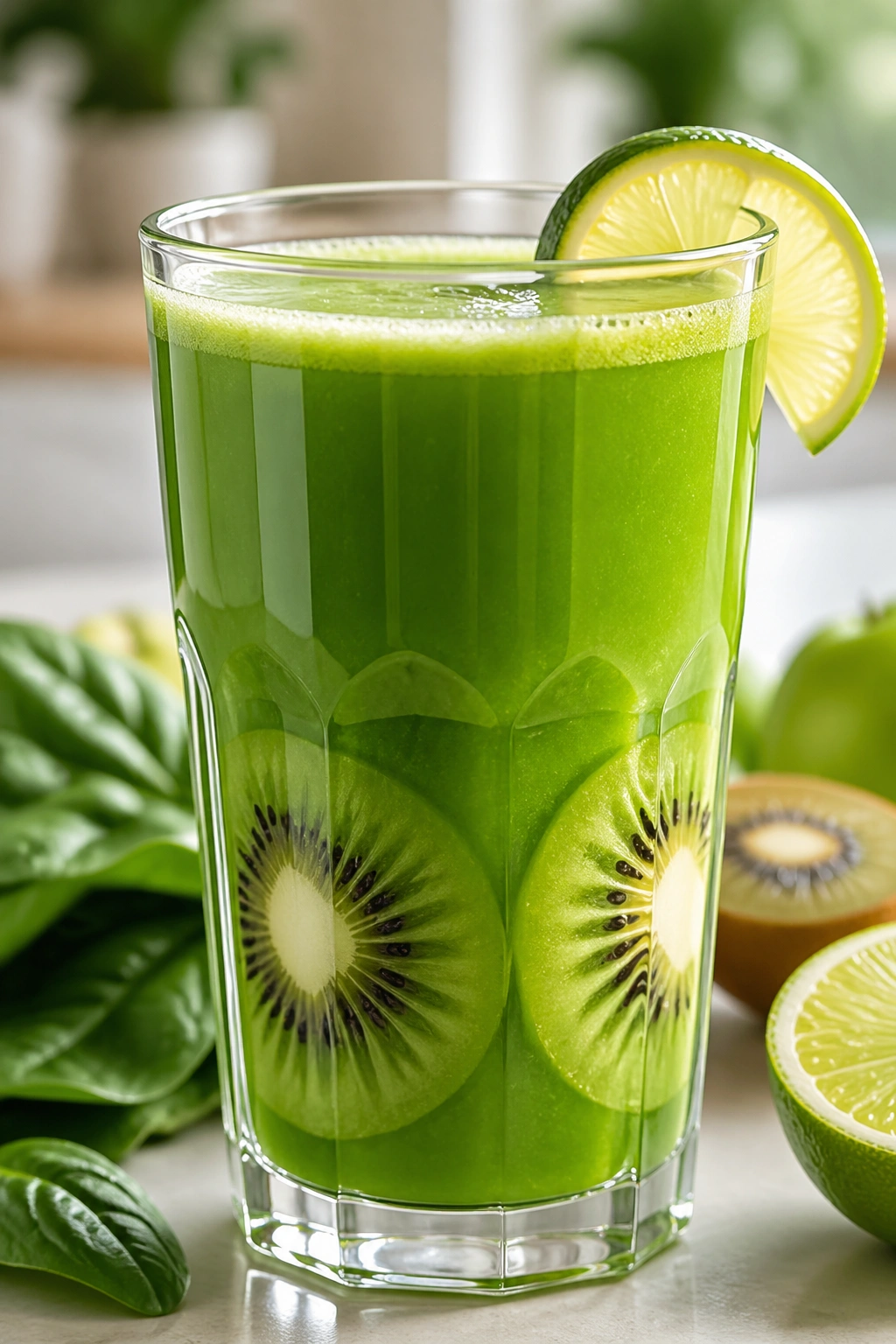 Close-up of Spinach Kiwi Lime Green Juice in a glass with kiwi halves on a bright kitchen counter
