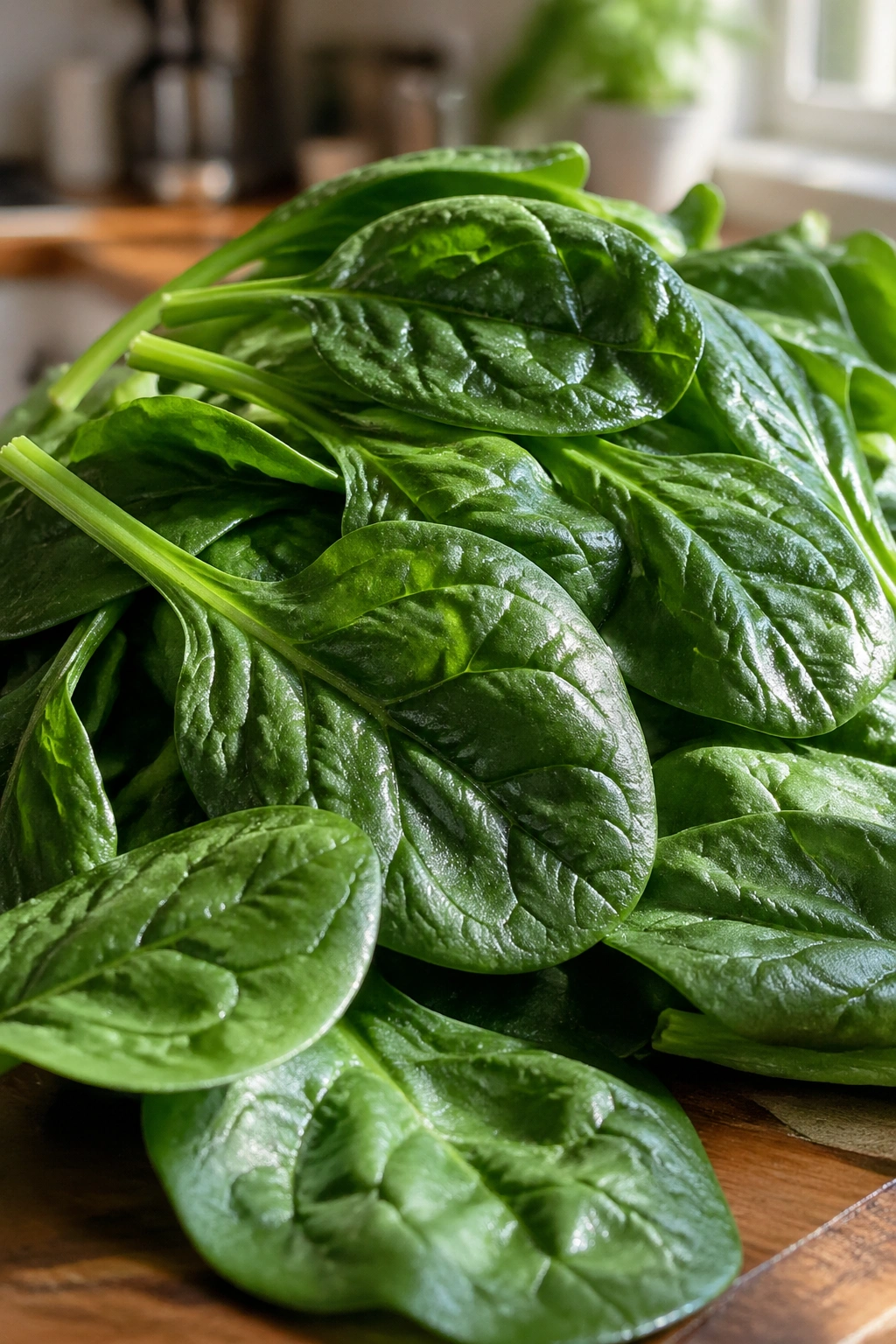 Close-up of fresh spinach leaves on a wooden surface