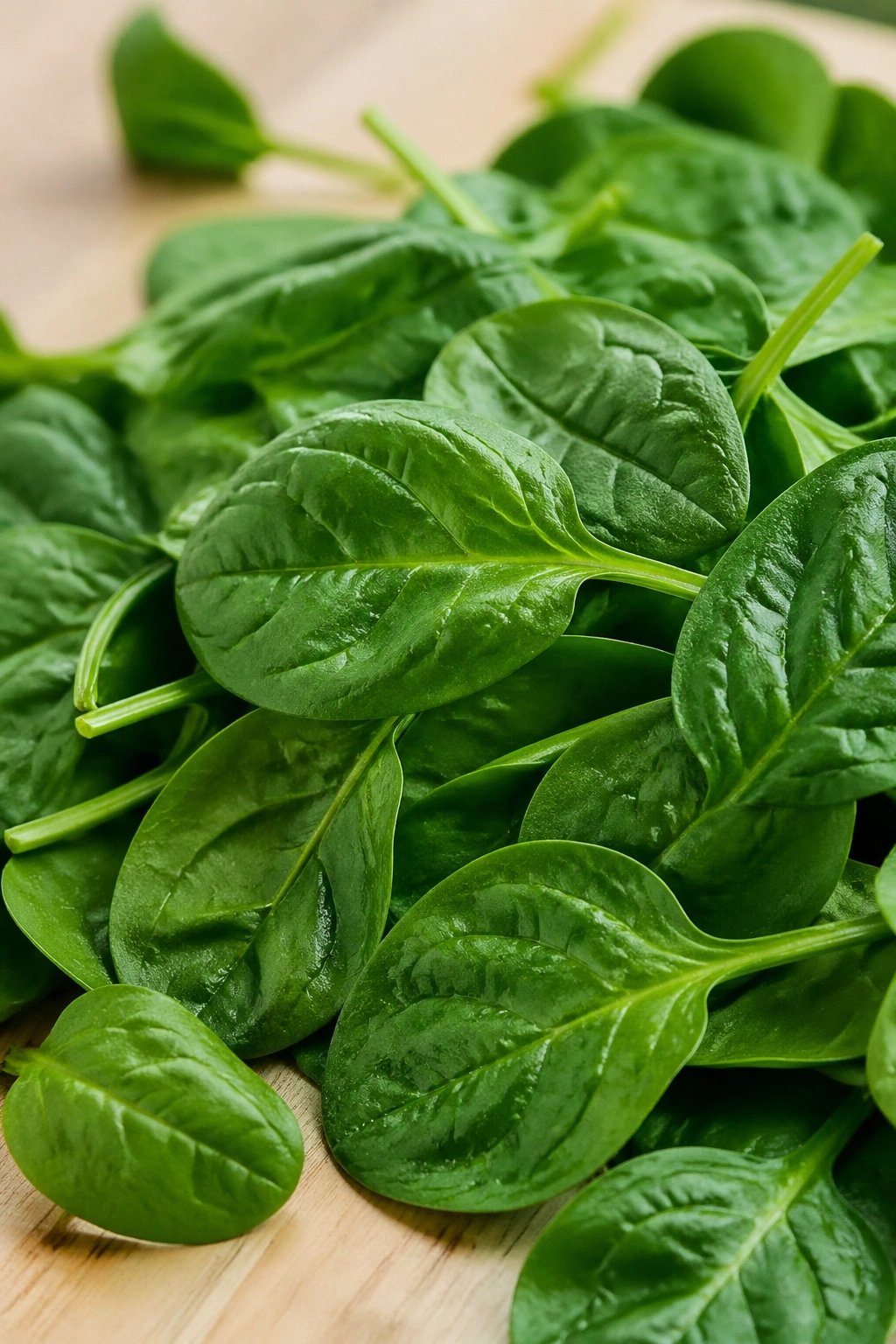 Fresh spinach leaves filling the frame on a wooden surface