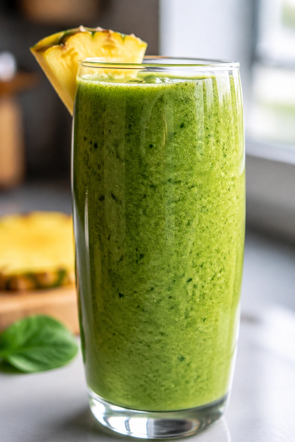 Close-up of a tall glass of green spinach pineapple hydrator smoothie on a kitchen counter