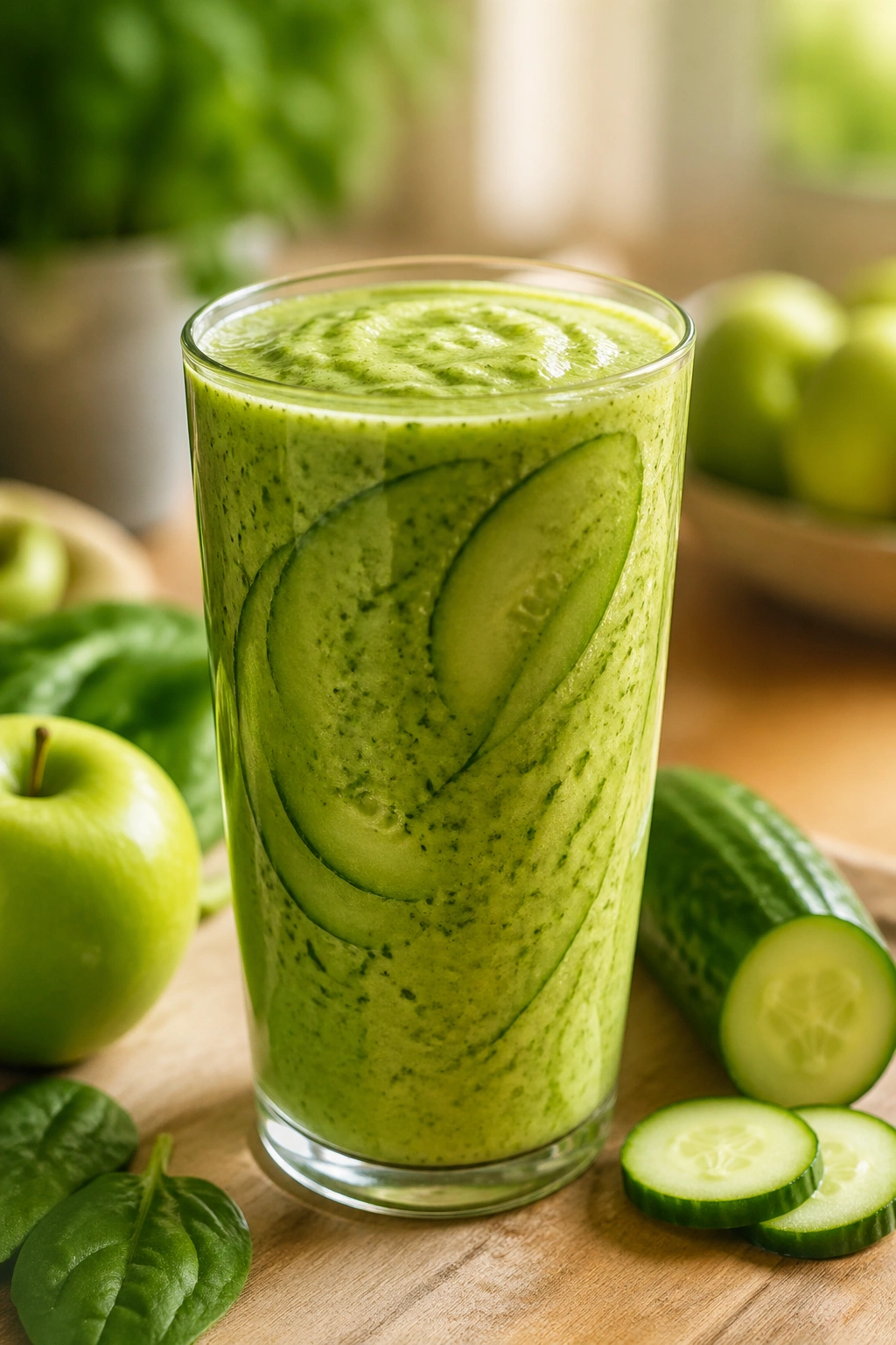 Close-up of a vibrant spinach cucumber green apple starter smoothie in glass