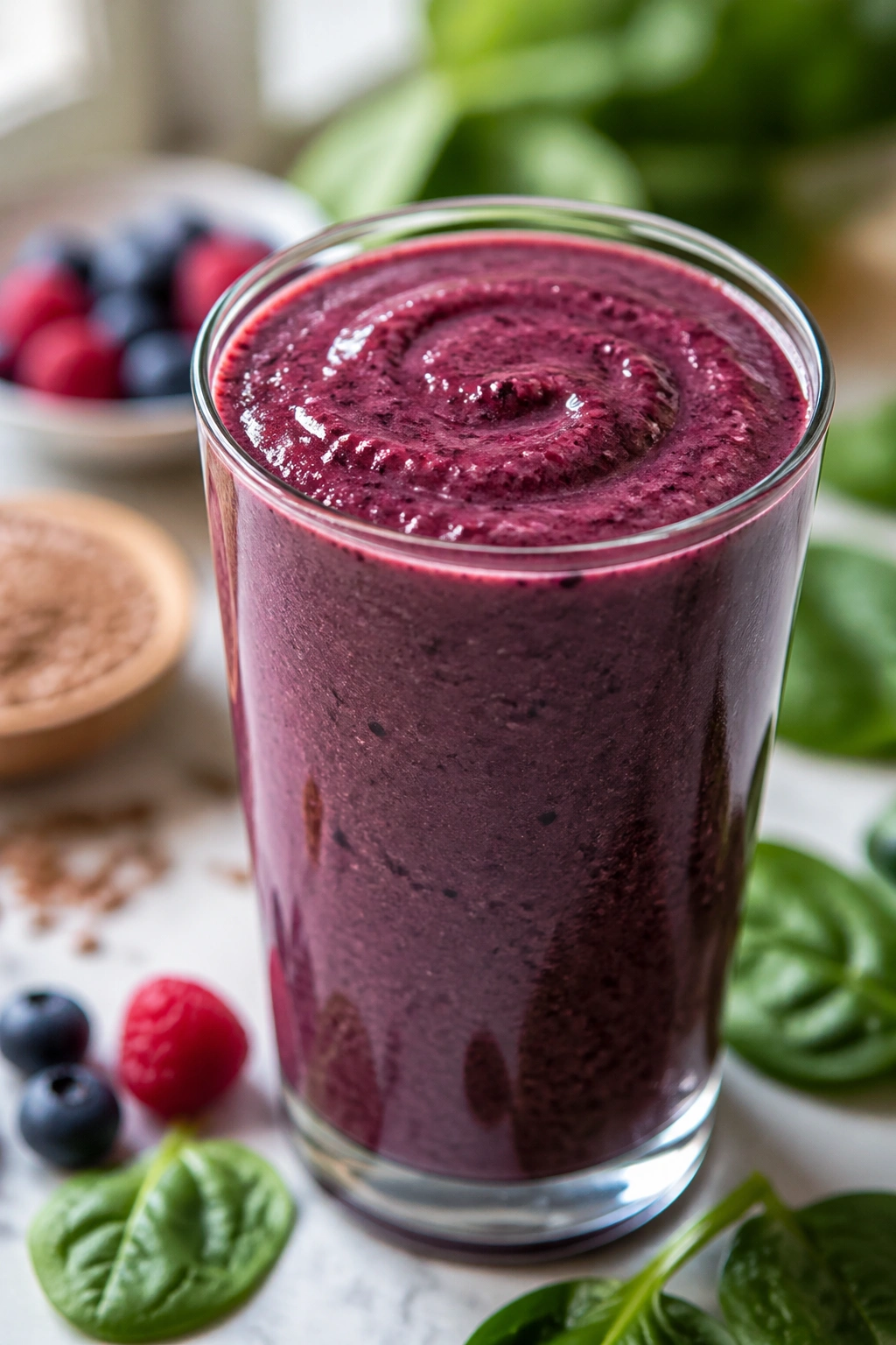 Close-up of spinach-berry-flax smoothie in a glass on a kitchen counter