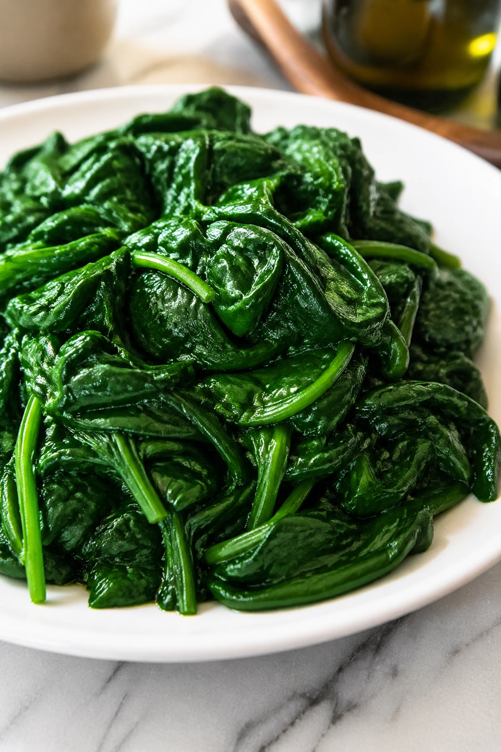 Heaping mound of wilted spinach on a plate in a sunlit kitchen