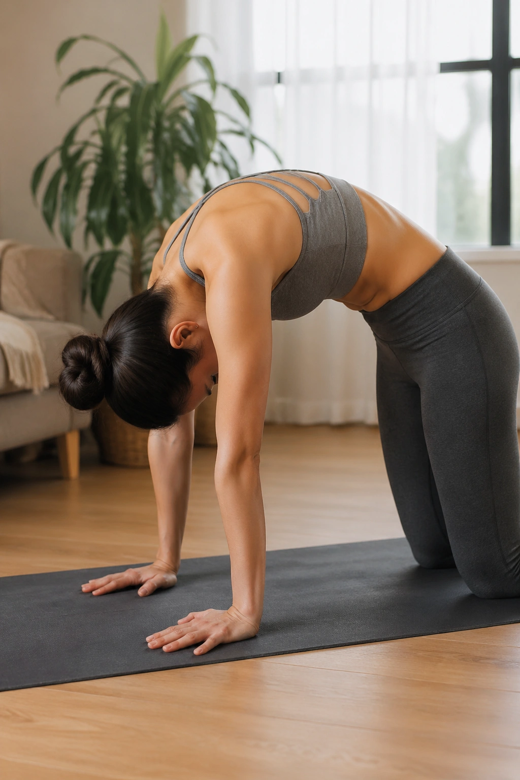 Close-up of a person practicing cat-cow for spine mobility at home