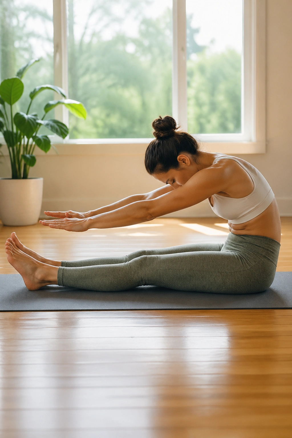 Person seated with legs extended, reaching forward to stretch the spine