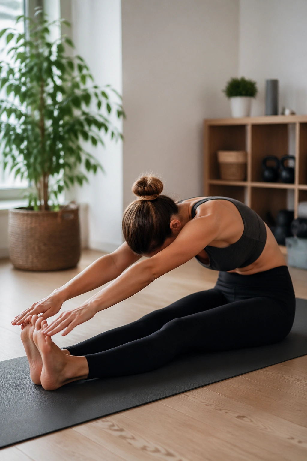 Person performing spine stretch forward on a mat