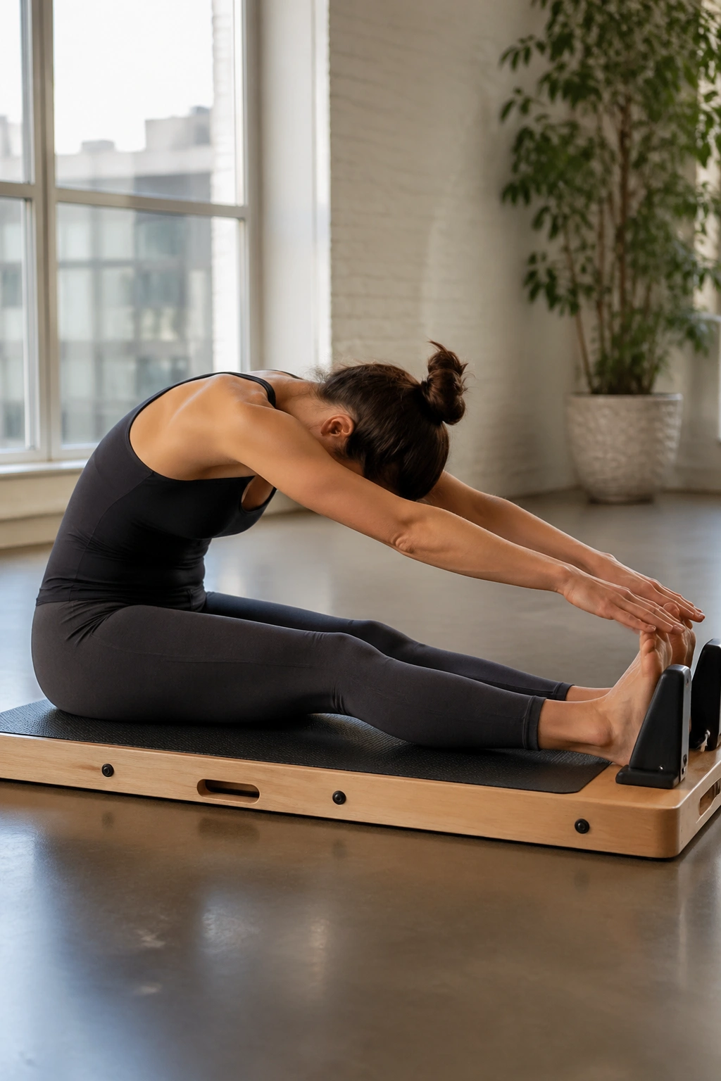 Person performing spine stretch forward with heels anchored on a Pilates board