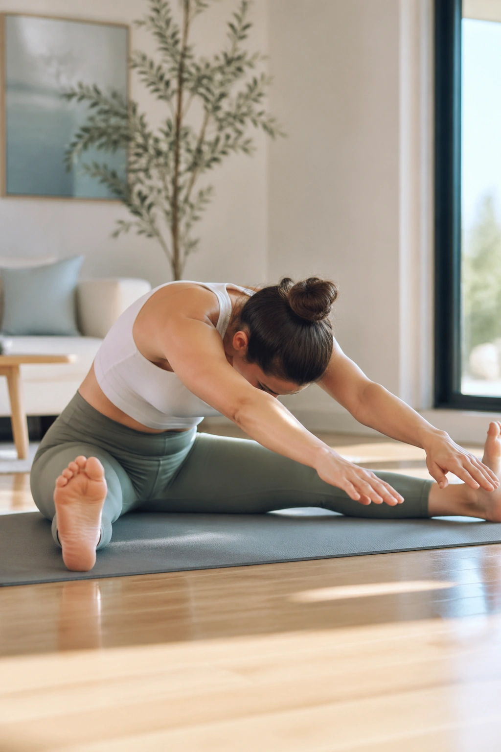 Medium close-up of a person performing Spine Stretch Forward on a mat