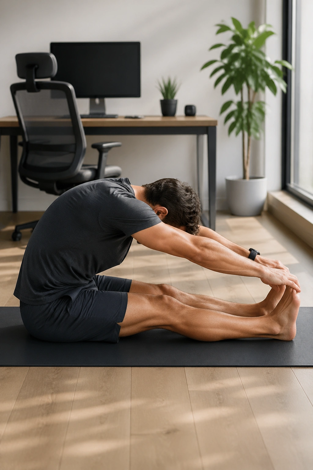 Person performing spine stretch forward near a desk, desk back setting