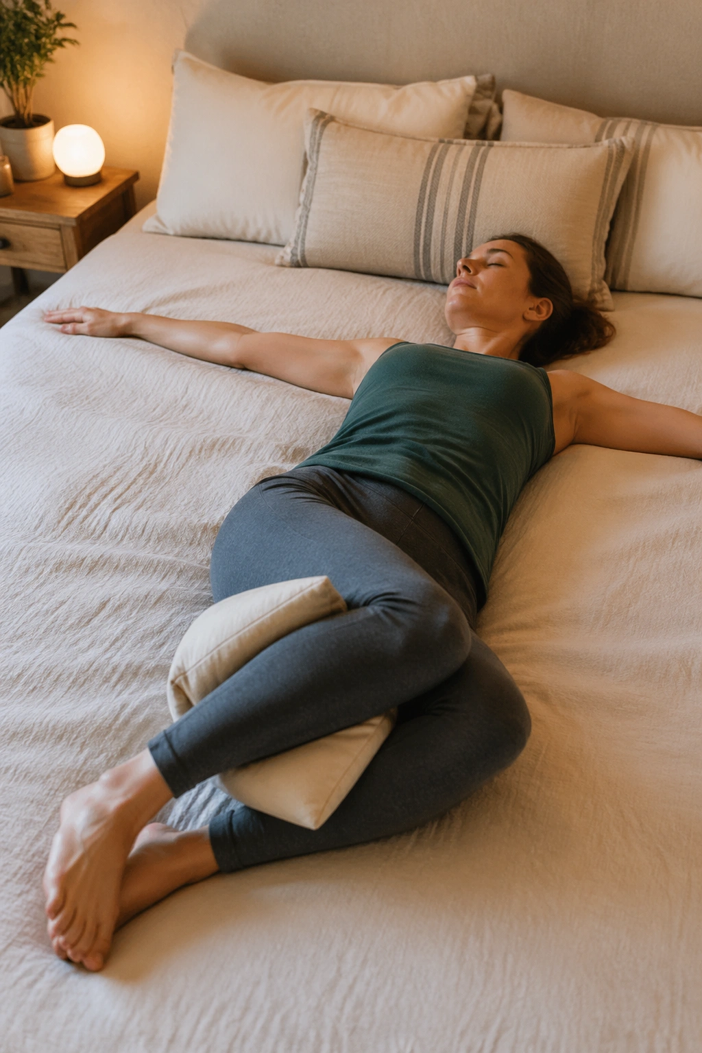 Spine twist supine on bed with arms in T and knees twist to side