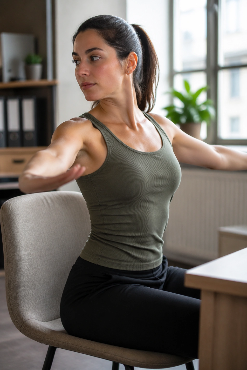 Portrait of a person seated twisting torso while keeping pelvis stable