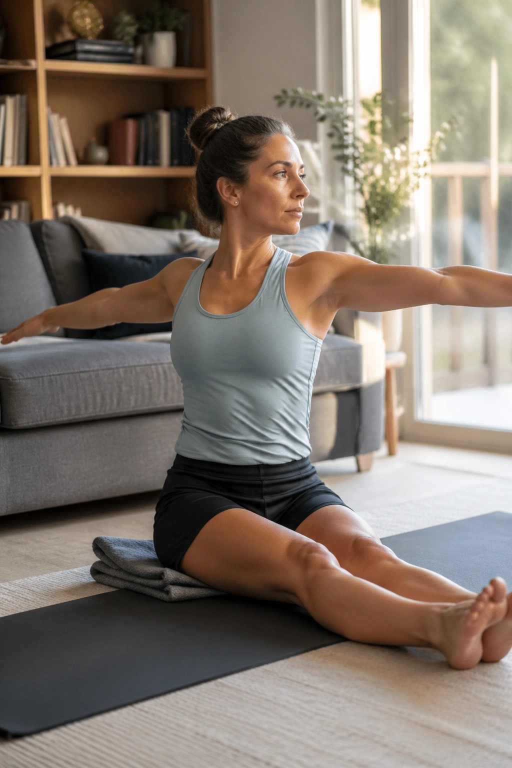 Portrait of a person performing slow spine twist while seated tall on a mat