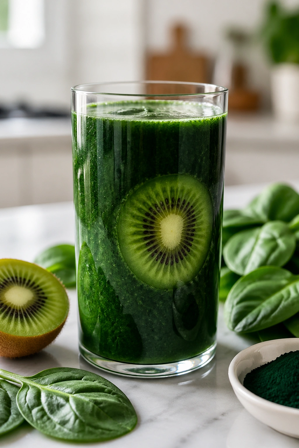 Deep green spirulina spinach kiwi smoothie in glass.