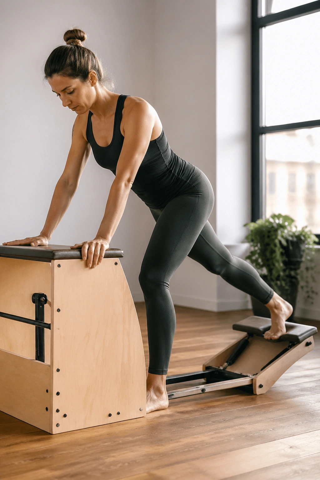 Real person performing Split Lunge Press on a Pilates chair