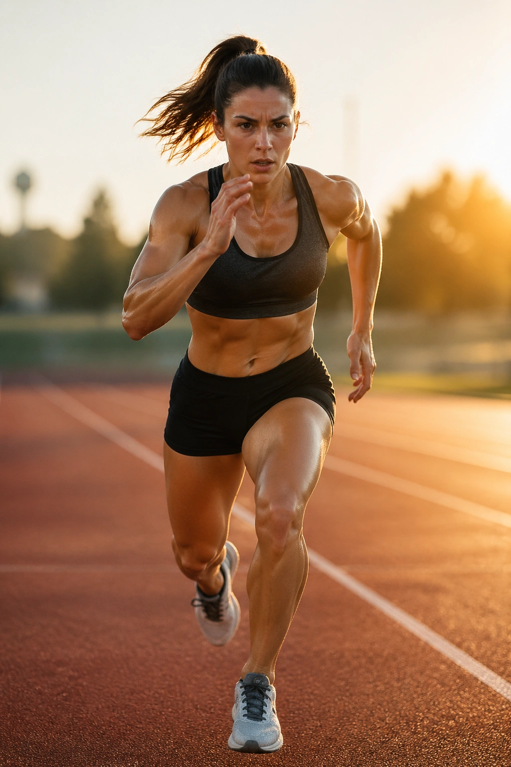 Runner sprinting on an outdoor track during interval training with motion blur