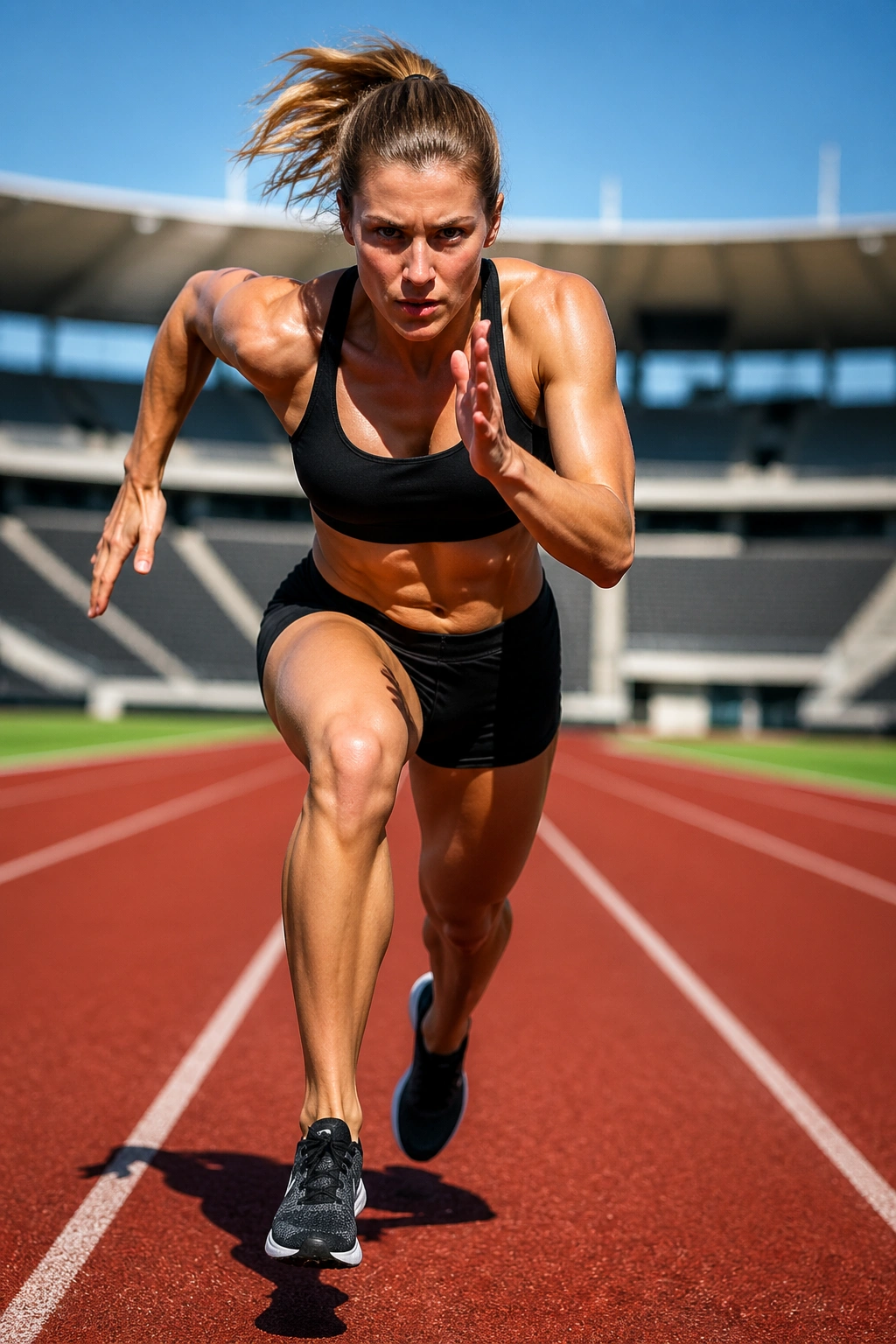 Close-up of a real athlete sprinting on a track during intervals