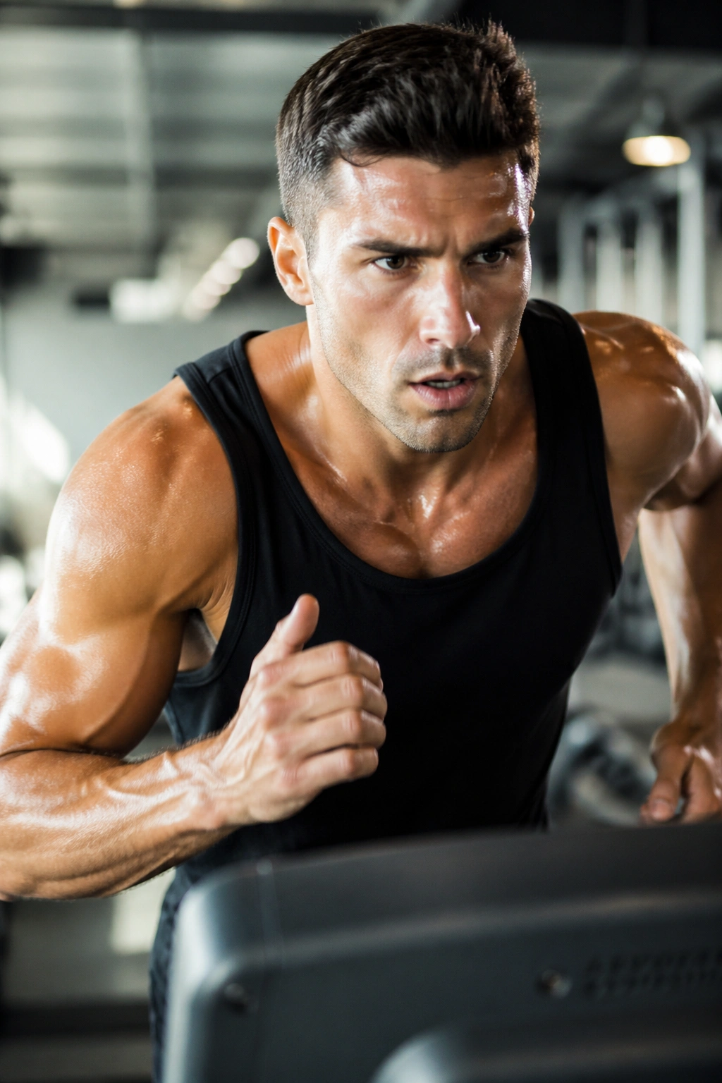 Close-up of a person sprinting on a treadmill in a gym