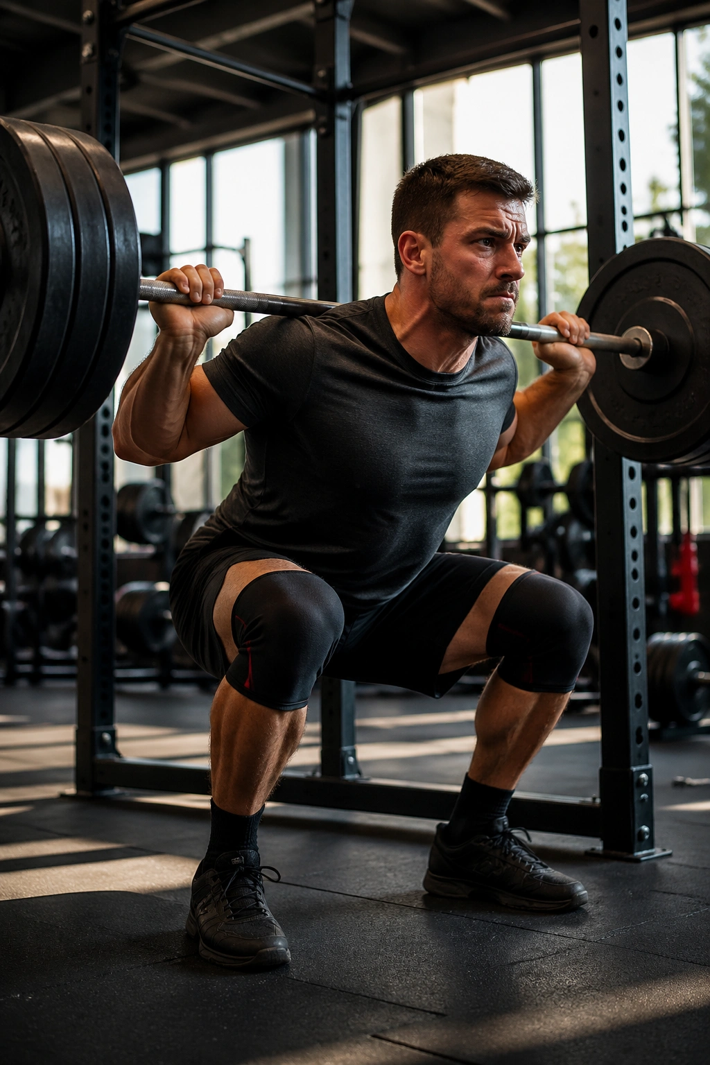 Lifter squatting with bar on shoulders in gym setting