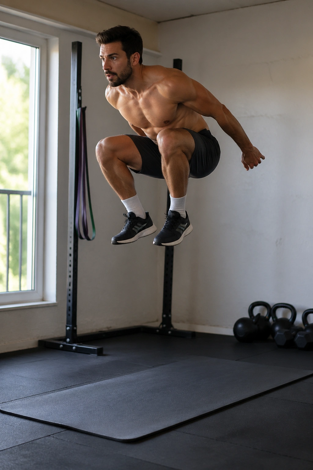 Athlete performing squat jump in compact home gym
