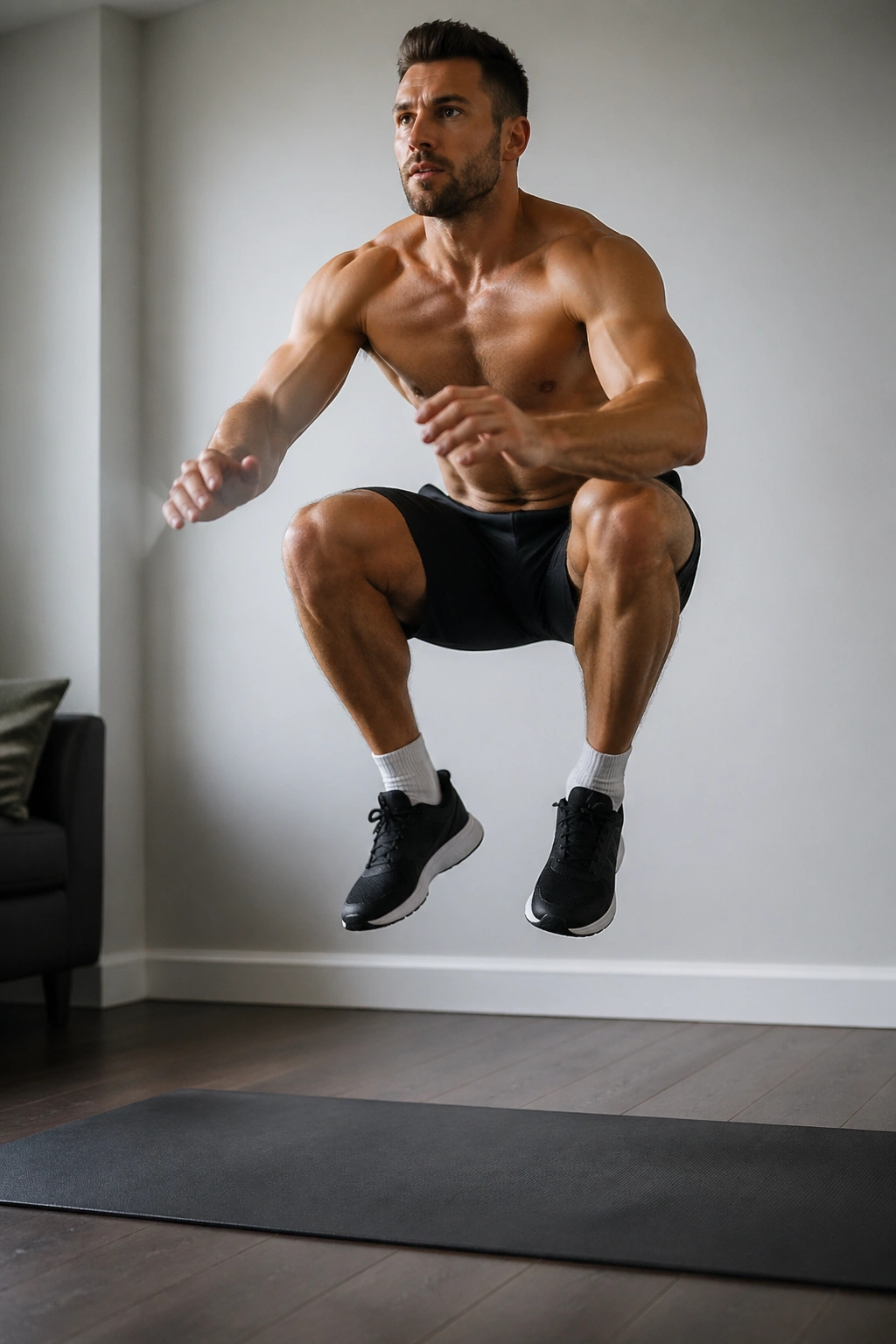 Athlete mid-air performing a squat jump on a mat at home