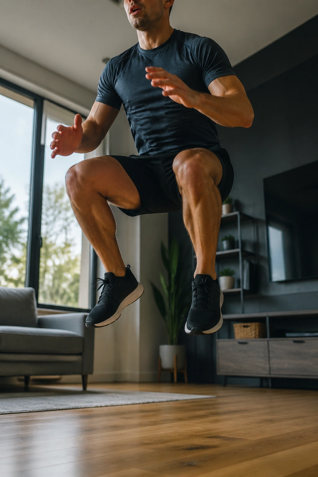 Mid-air squat jump of a real person with knees tracking over toes