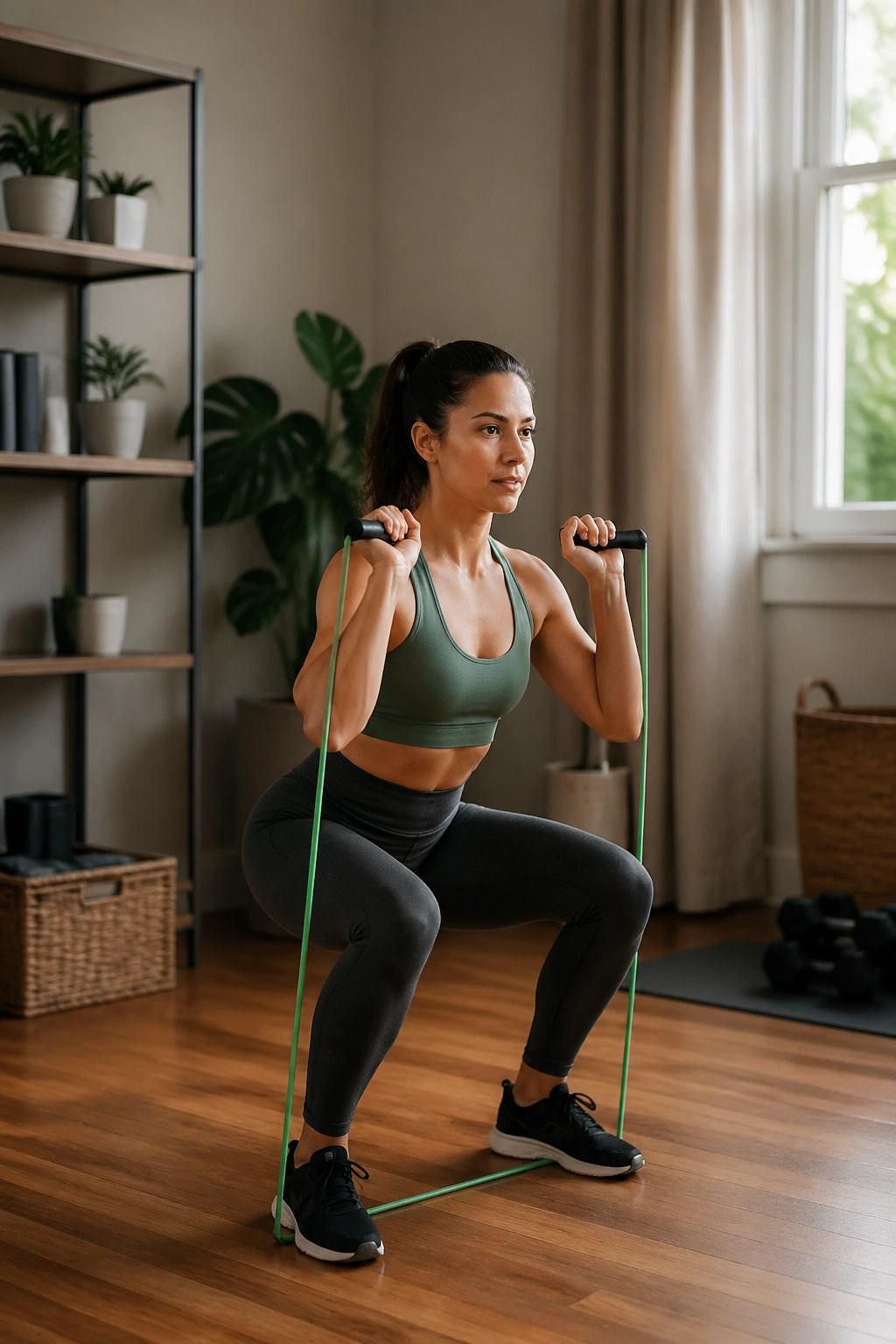 Mid-shot of a person performing squat to overhead press with resistance band