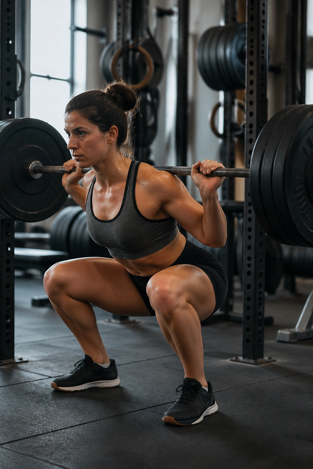 Real woman performing a barbell back squat with proper depth in gym