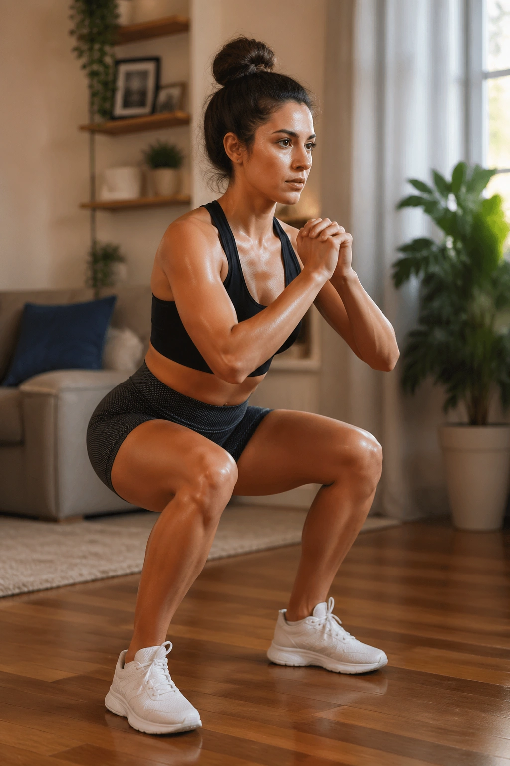 Person performing squat pulses in a home setting.