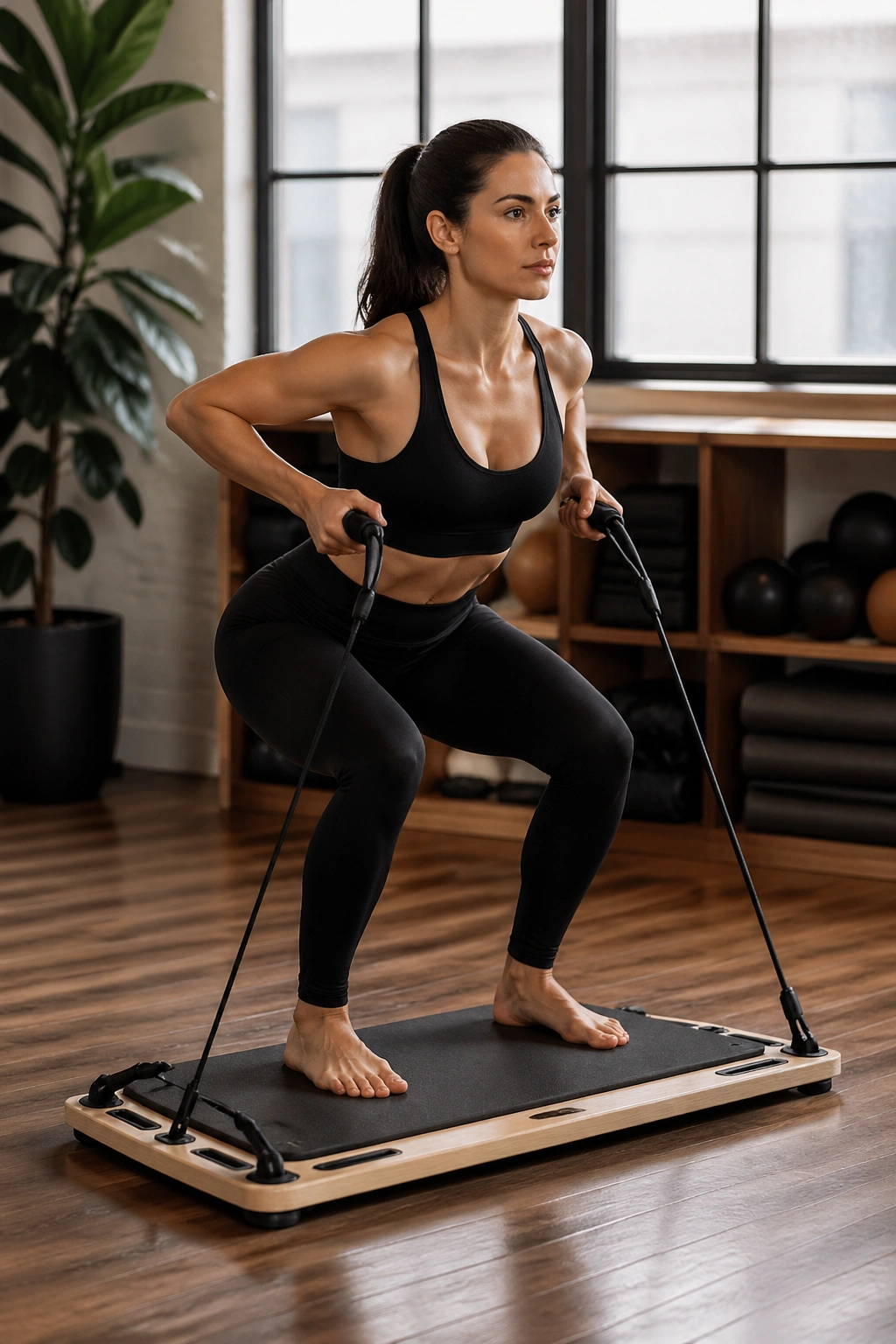 Medium close-up of a person performing squat-to-row on a Pilates board, showing coordinated leg and arm movement