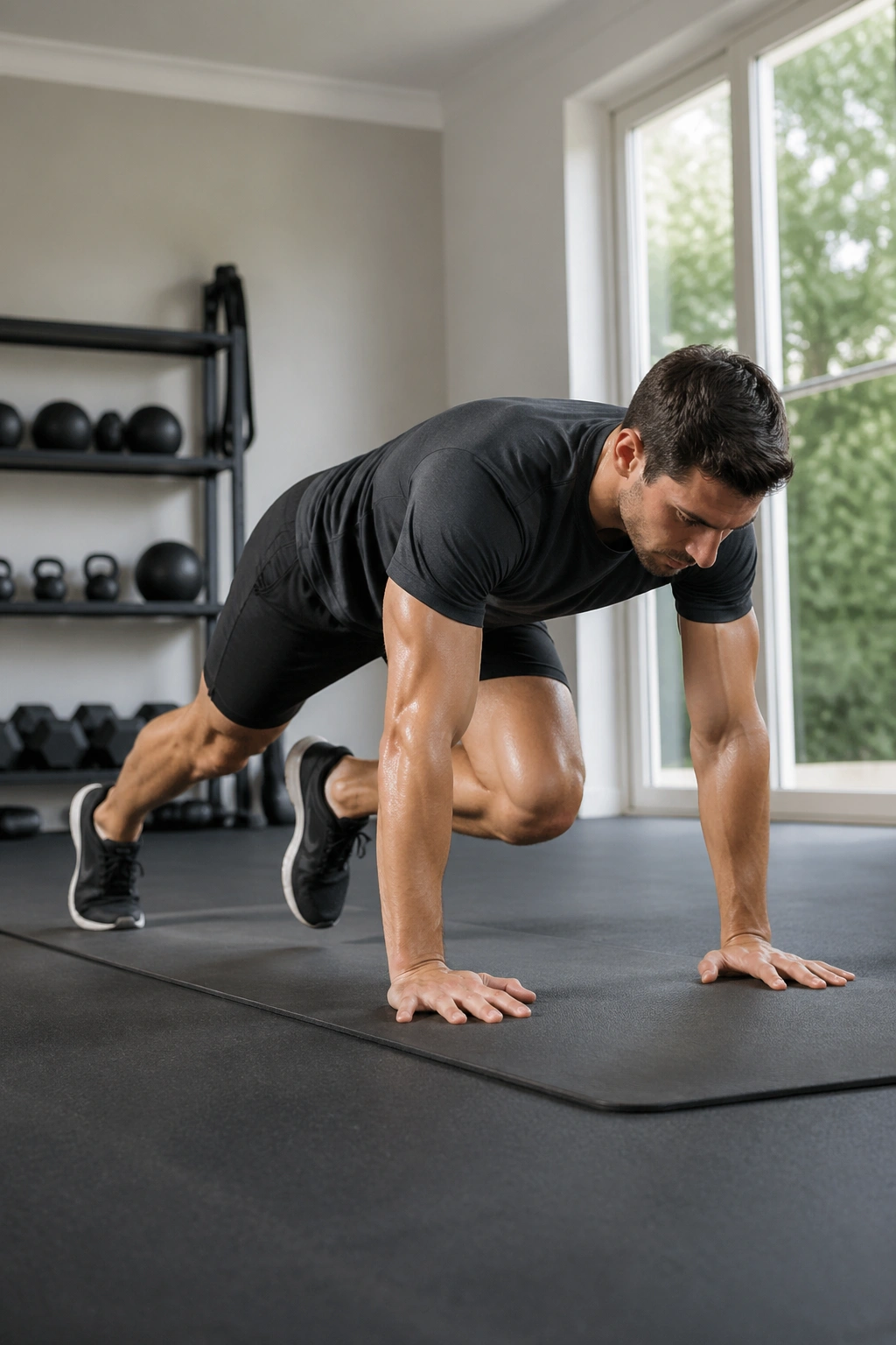 Mid-shot of a person performing squat thrusts with mountain climbers