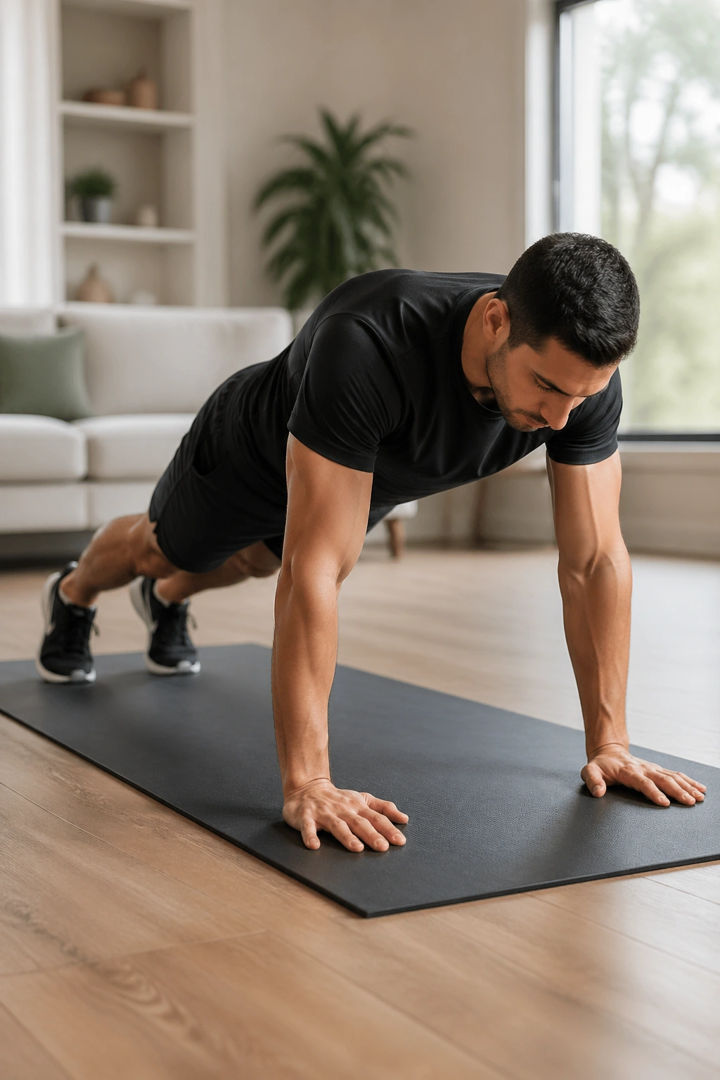Medium shot of a person performing squat thrusts in a clean apartment.