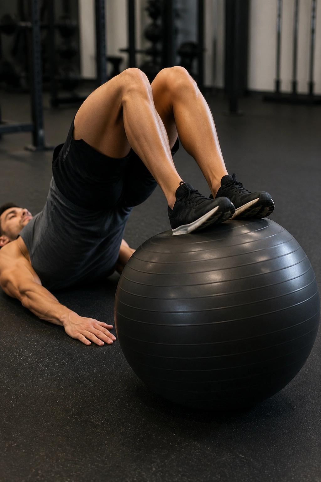 Person on floor performing stability ball hamstring curl with hips elevated