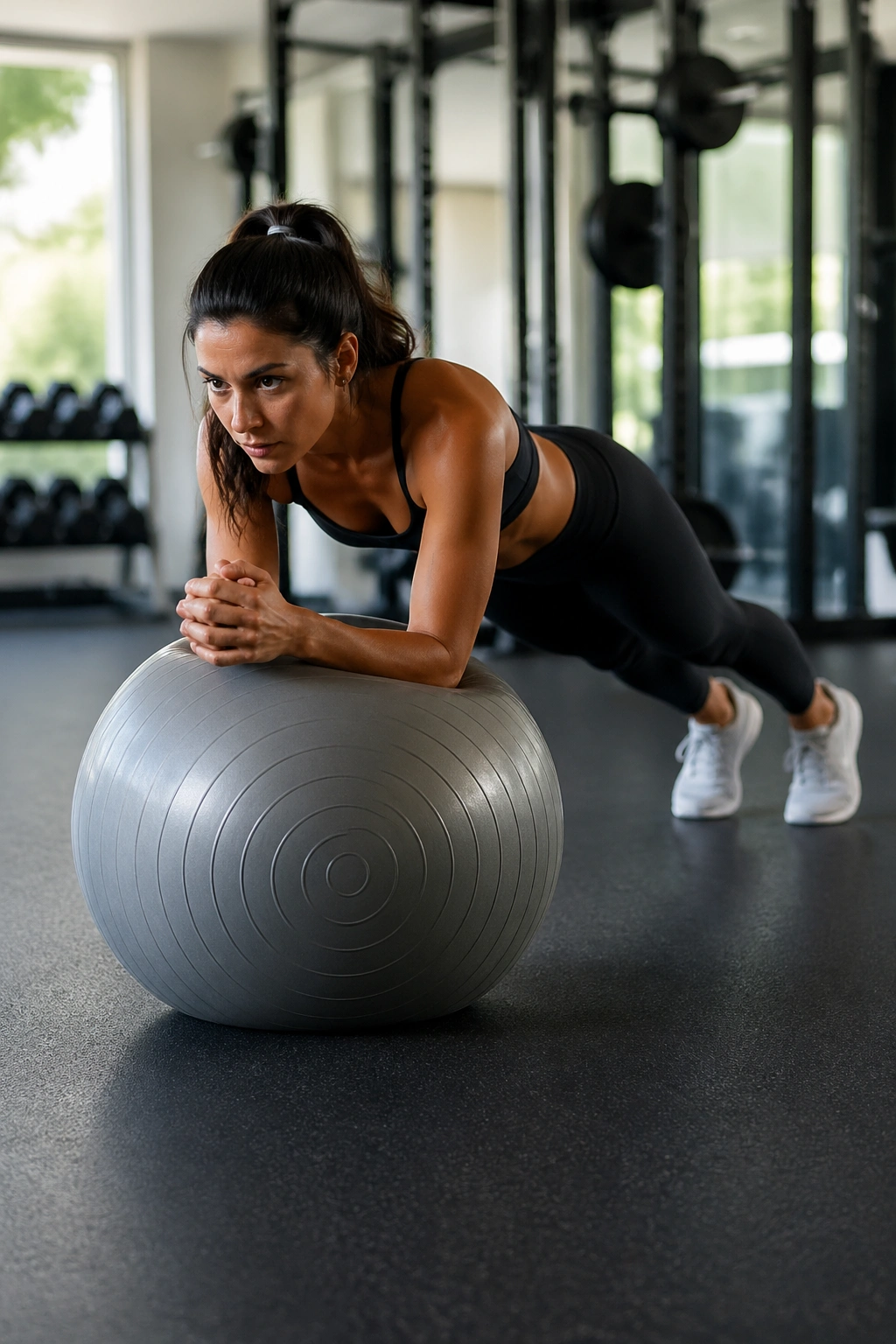 Forearms on stability ball in a plank with wobble