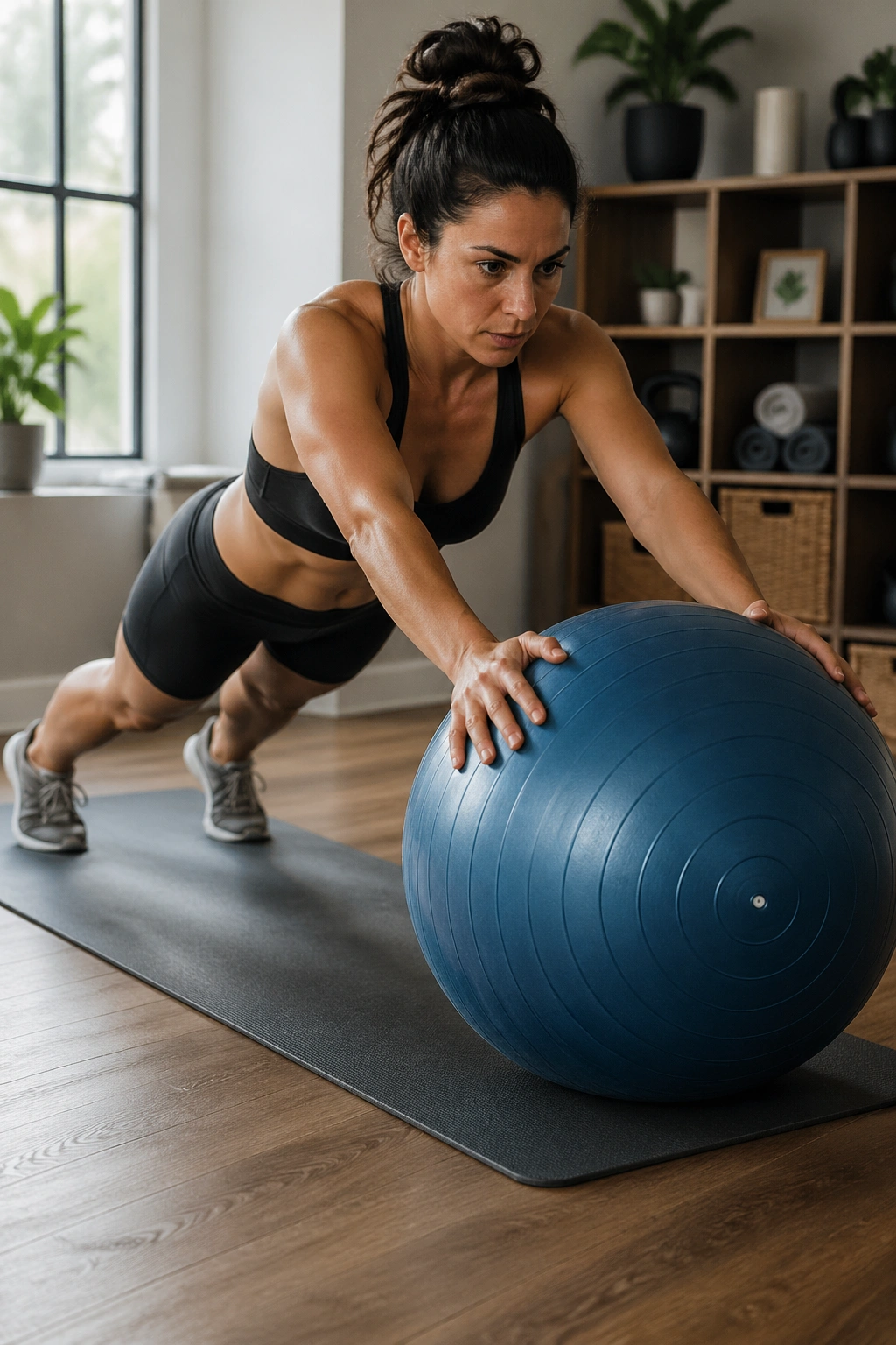 Real woman performing stability ball rollout with engaged core in a home gym